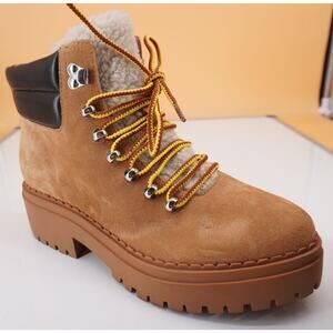 Marc Fisher Nairy Brown Suede Shearling ankle boot size 8 biker Lug wool work